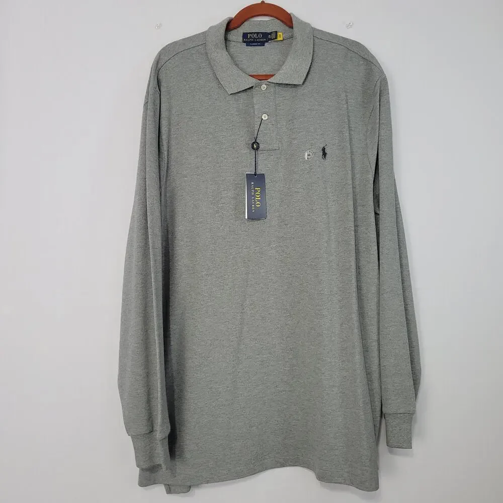POLO Ralph Lauren Classic Fit Long Sleeve Polo Shirt size XXL Gray Pony, New